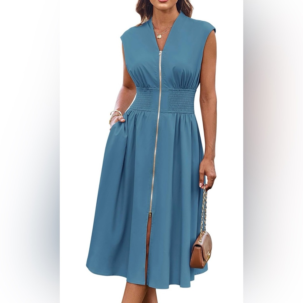 Grace Karin Blue Zip-Front Midi Dress